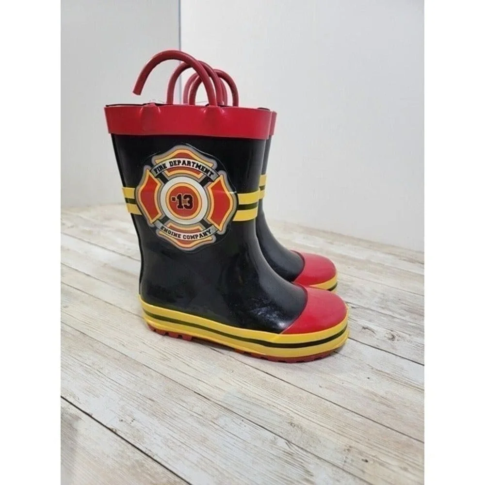 Fireman Fire Dept Rain Boots Fire Cheif Black Yellow 7/8 Boys Girls #13‎